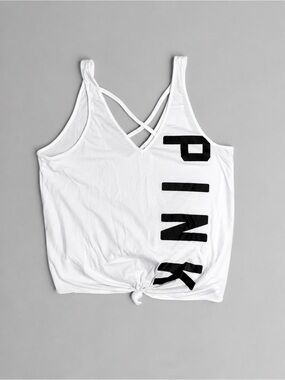 PINK Victoria's Secret White Knot-Front Strappy Tank Top with Black Logo